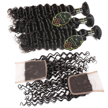 Funmi Malaysian Deep Wave Hair 3 Bundles With 4x4 Lace Closure - ExcellentVirginHair