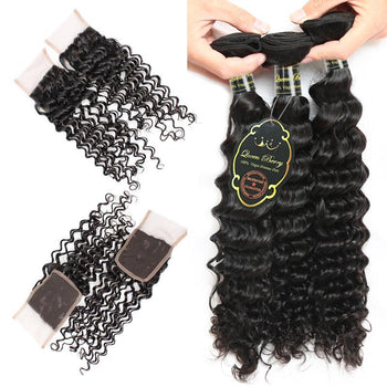 Funmi Peruvian Deep Wave Hair 3 Bundles With 4x4 Lace Closure - ExcellentVirginHair