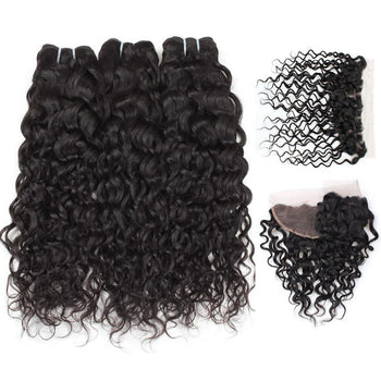 Ama Indian Water Wave Virgin Hair 3 Bundles with 13x4 Lace Frontal Closure - ExcellentVirginHair