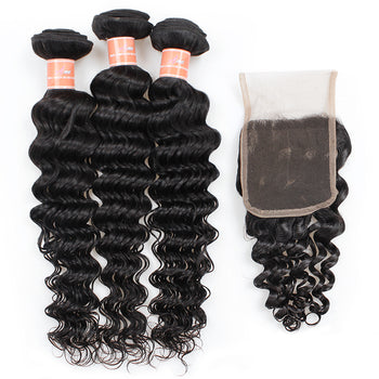 Ama Indian Deep Wave Virgin Hair 3 Bundles with Lace Closure - ExcellentVirginHair