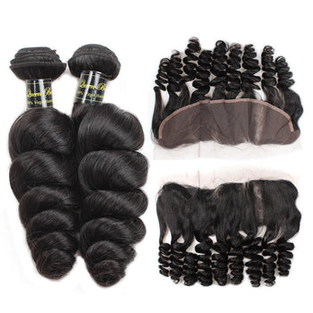 Funmi Peruvian Virgin Loose Wave Hair 3 Bundles With Lace Frontal - ExcellentVirginHair