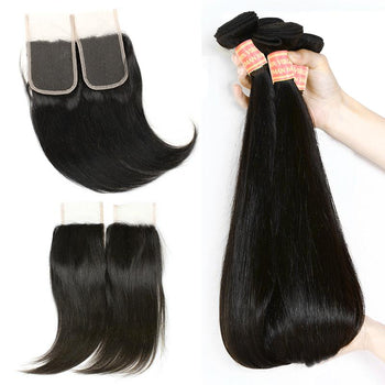 Peruvian Virgin Straight Human Hair 3 Bundles with Lace Closure - ExcellentVirginHair