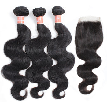 Peruvian Human Hair Unprocessed Ama Virgin Body  Wave Hair  3 Bundles with 4x4 Lace Closure - ExcellentVirginHair