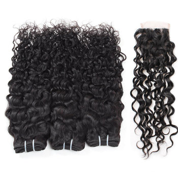 Ama Indian Water Wave Human Hair 3 Bundles With 4x4 Lace Closure - ExcellentVirginHair