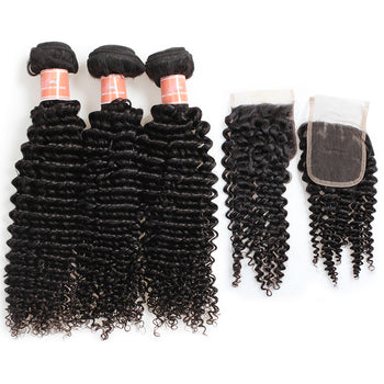 Ama Peruvian Kinky Curly Virgin Hair 3 Bundles with 4x4 Lace Closure - ExcellentVirginHair