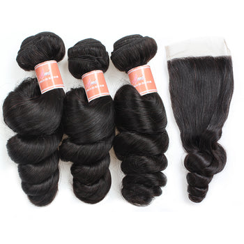 Ama Indian Loose Wave Hair 4 Bundles with Lace Closure - ExcellentVirginHair