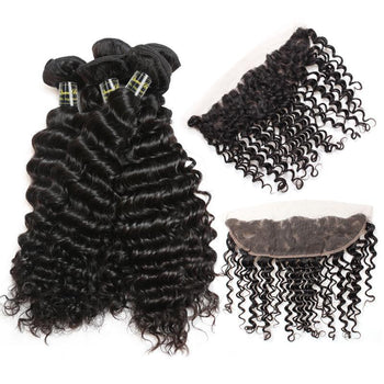 Funmi Indian Virgin Deep Wave Hair 3 Bundles With Lace Frontal - ExcellentVirginHair