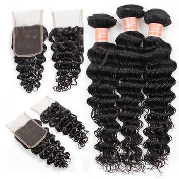 Ama Indian Deep Wave Hair 4 Bundles with Lace Closure - ExcellentVirginHair