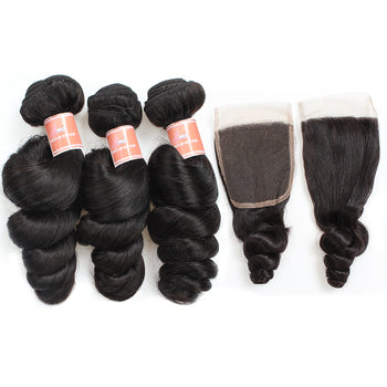 Ama Peruvian Loose Wave Human Hair 3 Bundles With Lace Closure - ExcellentVirginHair