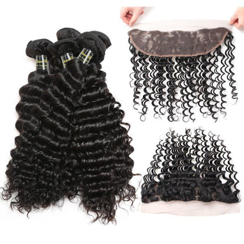 Funmi Peruvian Virgin Deep Wave Hair 3 Bundles With Lace Frontal - ExcellentVirginHair