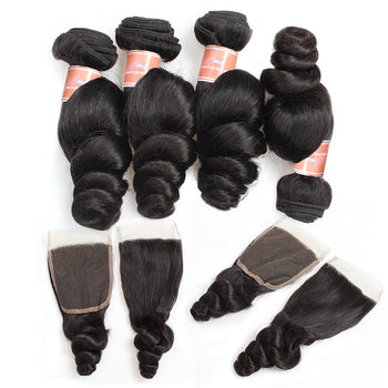 Ama Malaysian Loose Wave Hair 4 Bundles with Lace Closure - ExcellentVirginHair