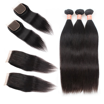 Ama Malaysian Unprocessed Virgin Straight Hair 3 Bundles with Lace Closure Hair Extensions - ExcellentVirginHair