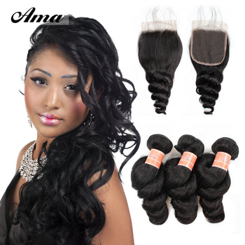 Ama Malaysian Virgin Hair Loose Wave 3 Bundles with 4x4 Lace Closures - ExcellentVirginHair