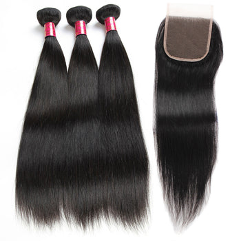 Sweetie Brazilian Straight Hair 3 Bundles With 4x4 Lace Closure - ExcellentVirginHair