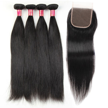 Sweetie Peruvian Straight Hair 4 Bundles With Lace Closure Peruvian Remy Straight Hair