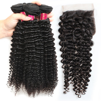 Sweetie Indian Kinky Curly Hair 3 Bundles With 4x4 Lace Closure - ExcellentVirginHair