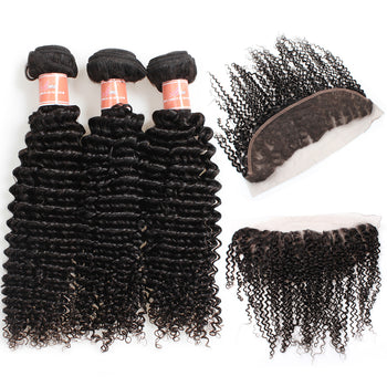 Ama Indian Curly Wave Virgin Hair 3 Bundles with 13x4 Lace Frontal - ExcellentVirginHair