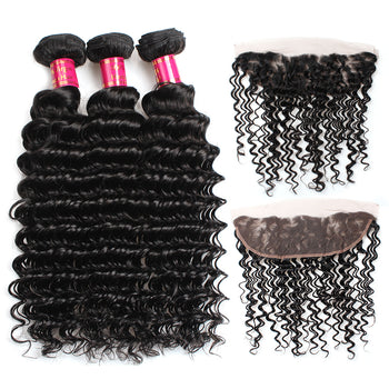 Sweetie Brazilian Deep Wave Virgin Hair 3 Bundles With 13x4 Lace Frontal - ExcellentVirginHair