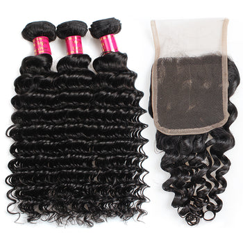 Sweetie Peruvian Deep Wave Hair 3 Bundles With 4x4 Lace Closure