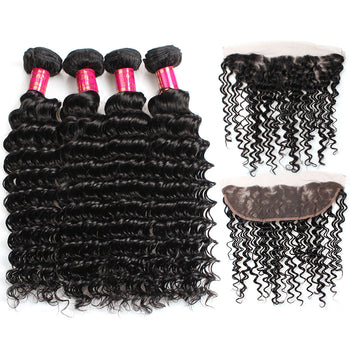 Sweetie Peruvian Deep Wave Virgin Hair 3 Bundles With 13x4 Lace Frontal