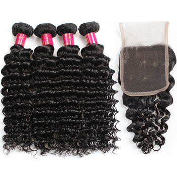 Sweetie Peruvian Deep Wave Hair 4 Bundles With Lace Closure