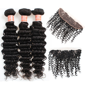 Ama Indian Deep Wave Virgin Hair 3 Bundles with Lace Frontal Closure - ExcellentVirginHair