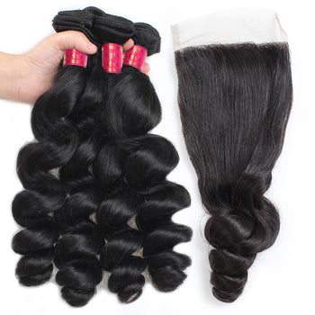 Sweetie Peruvian Loose Wave Hair 4 Bundles With Lace Closure