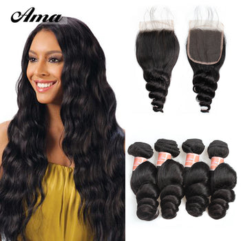 Ama Peruvian Loose Wave Hair 4 Bundles with Lace Closure - ExcellentVirginHair