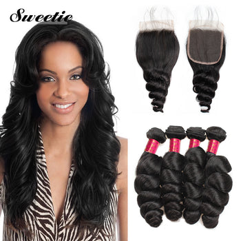 Indian Loose Wave Hair 4 Bundles With Lace Closure