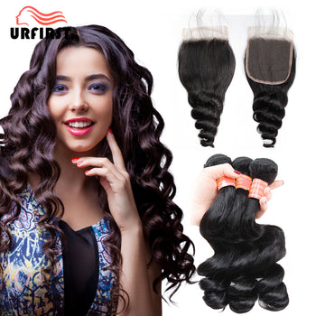 Urfirst Peruvian Loose Wave 3 Bundles Grade 8A 8"-28" With Cheap Lace Closure Virgin Human Hair