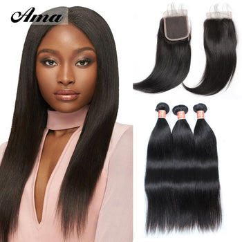 Ama Peruvian Straight Virgin Hair 3 Bundles With 4x4 Lace Closure - ExcellentVirginHair