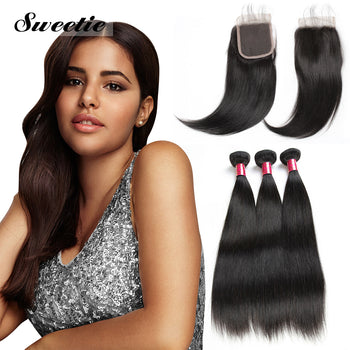 Peruvian Straight Hair 3 Bundles With 4x4 Lace Closure